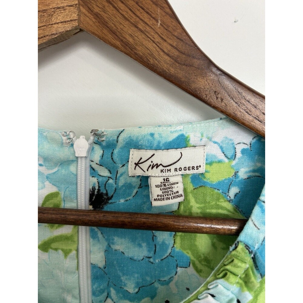 Kim Rogers Linen Shift Dress Womens 16 Blue Floral Sleeveless Pleated Neck - Picture 4 of 10